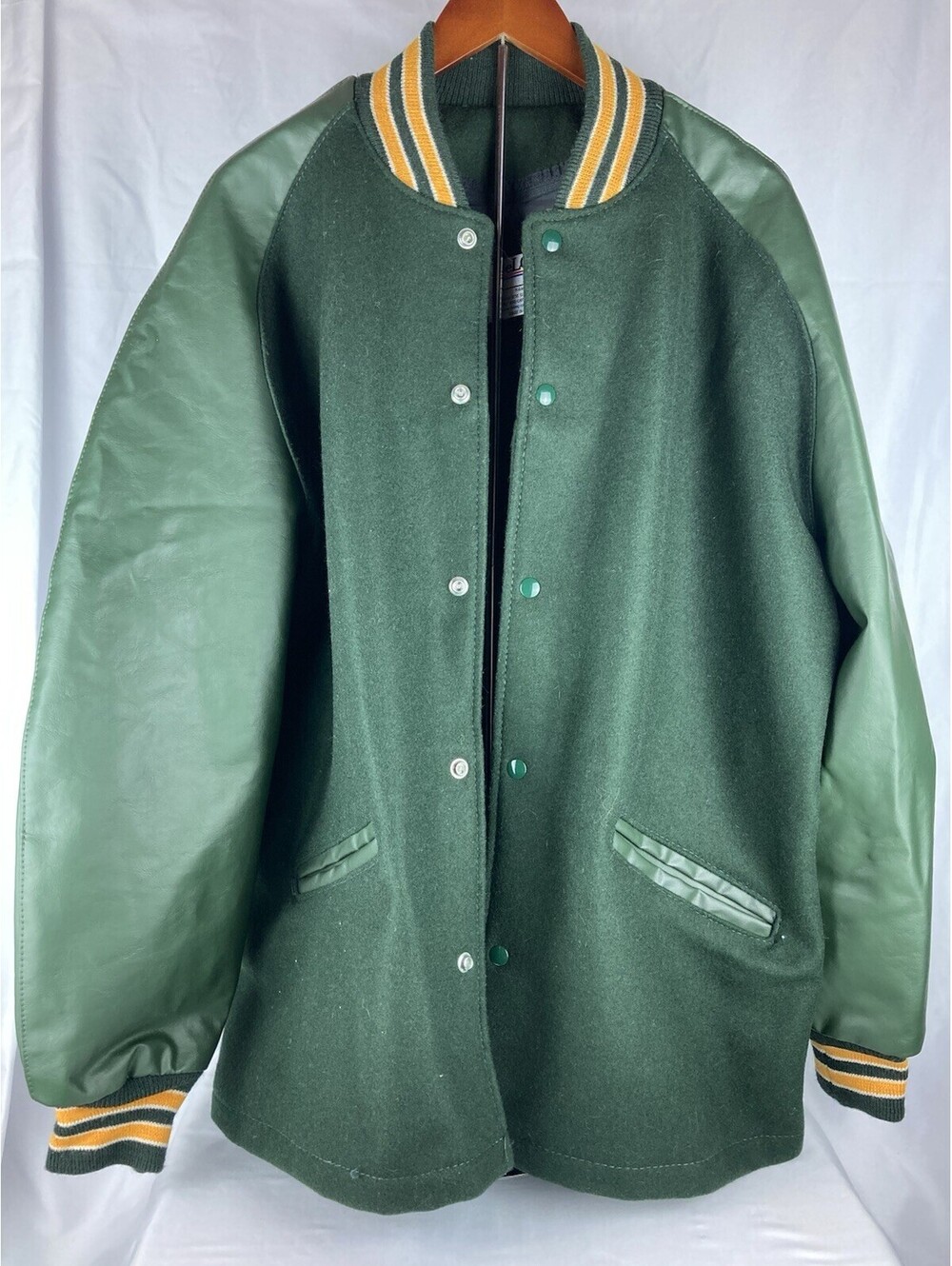 Vintage Men’s XL DeLONG Varsity Jacket Green Wool Leather Sleeve Snap Bomber